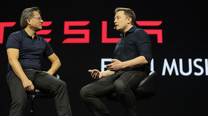 Jen-Hsun Huang az NVIDIA elnök-vezérigazgatója (balra) és Elon Musk, a Tesla első embere az NVIDIA San Jose-i konferenciáján, 2015. március 17. - Fotó: Nvidia