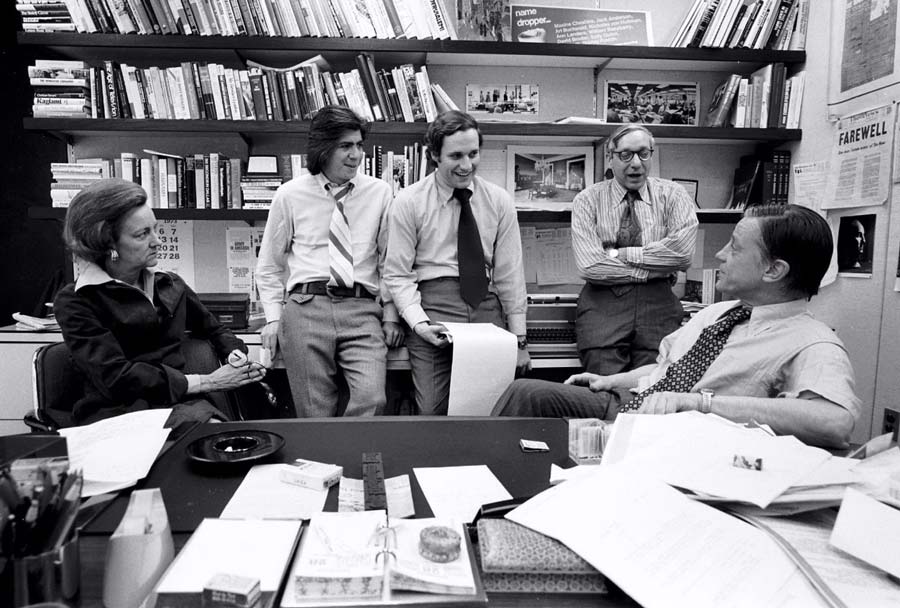 Publisher Katharine Graham was briefed on Watergate coverage in April 1973 by reporters Carl Bernstein and Bob Woodward; Managing Editor Howard Simons; and Bradlee, her handpicked executive editor. (Mark Godfrey)